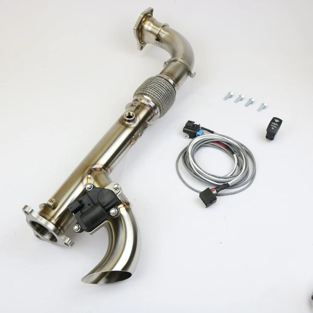 EVP Shocker Electric Side Dump Exhaust - Polaris RZR XP Turbo/S 16-21, Top View With Included Parts