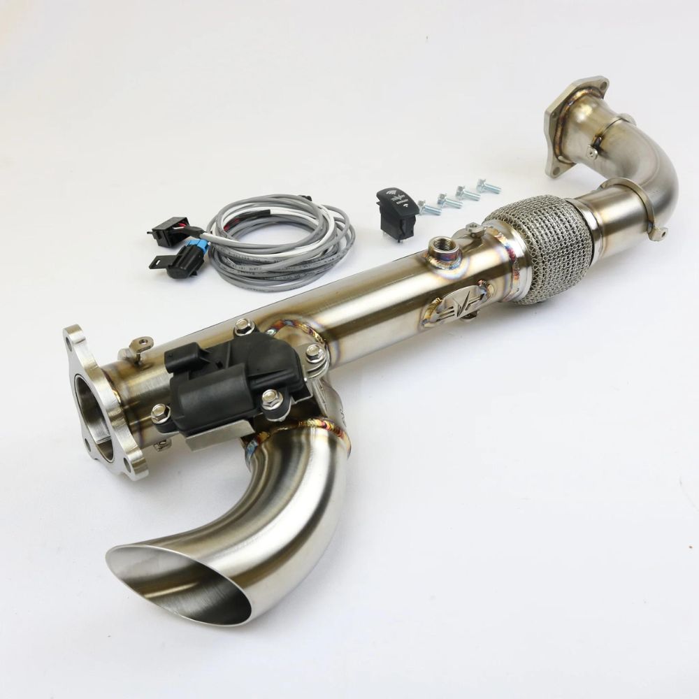 EVP Shocker Electric Side Dump Exhaust - Polaris RZR XP Turbo/S 16-21, Side View With Included Parts