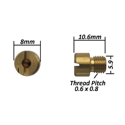 Mikuni Main Jet 8mm Large Round with 6mm Thread OD, Measurement Specifications